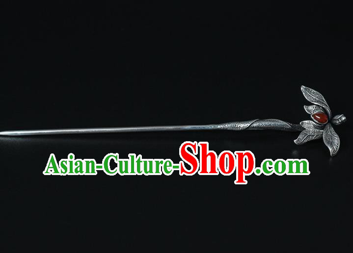 Chinese Classical Agate Hair Stick Cheongsam Accessories Headpiece Handmade Silver Orchids Hairpin Traditional Hair Jewelry