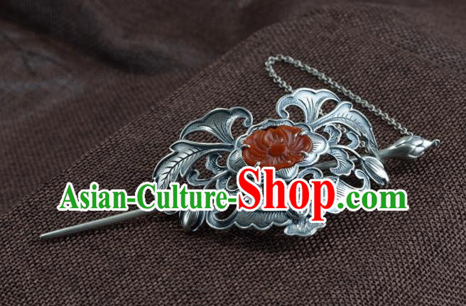 Chinese Cheongsam Headpieces Handmade Silver Hairpin Traditional Hair Accessories Classical Agate Peony Hair Crown