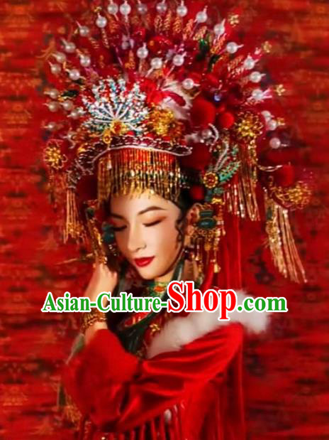Custom China Opera Imperial Concubine Deluxe Phoenix Coronet Catwalks Headdress Wedding Hair Accessories Stage Show Giant Red Hair Crown