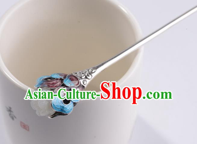 Chinese Classical Jade Mangnolia Hair Stick Cheongsam Headpiece Handmade Cloisonne Silver Hairpin Traditional Hair Accessories