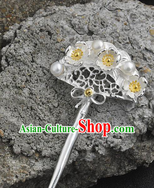 Chinese Traditional Hair Jewelry Classical Pearls Hair Stick Cheongsam Headpiece Handmade Silver Plum Hairpin