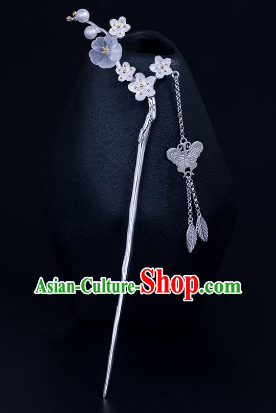 Chinese Handmade Silver Butterfly Tassel Hairpin Traditional Hair Jewelry Classical Crystal Plum Hair Stick Cheongsam Headpiece