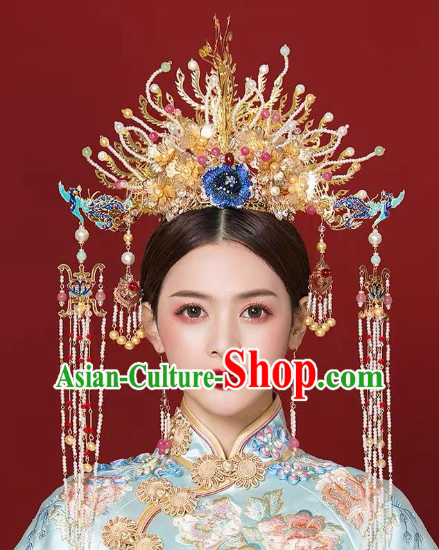 China Wedding Headdress Stage Show Giant Hair Crown Ancient Bride Phoenix Coronet Xiuhe Suit Hair Accessories