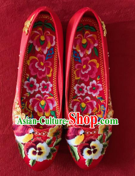 China Wedding Red Satin Shoes Embroidered Magpie Shoes Handmade Bride Shoes Xiuhe Suit Shoes