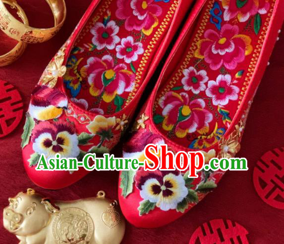 China Wedding Red Satin Shoes Embroidered Magpie Shoes Handmade Bride Shoes Xiuhe Suit Shoes
