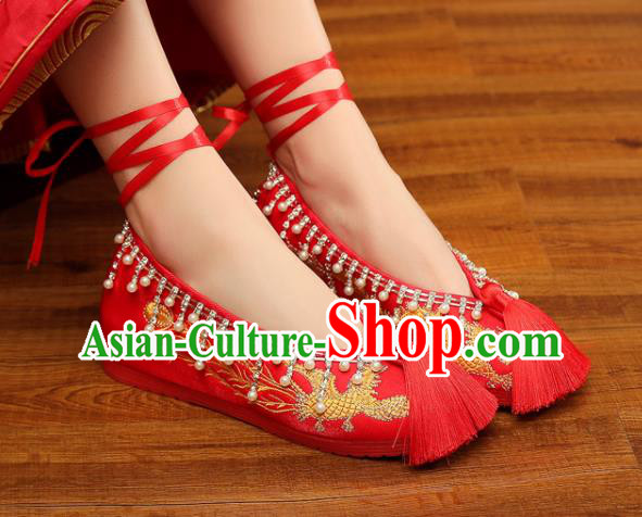 China Xiuhe Red Satin Shoes Classical Wedding Shoes Embroidered Pearls Shoes Handmade Bride Shoes