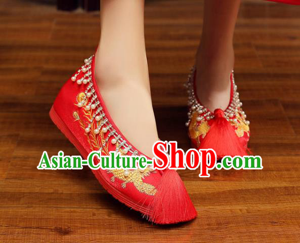 China Xiuhe Red Satin Shoes Classical Wedding Shoes Embroidered Pearls Shoes Handmade Bride Shoes