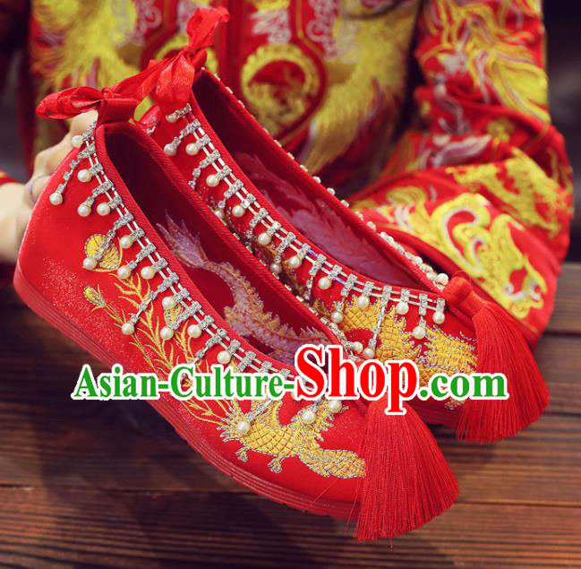 China Xiuhe Red Satin Shoes Classical Wedding Shoes Embroidered Pearls Shoes Handmade Bride Shoes