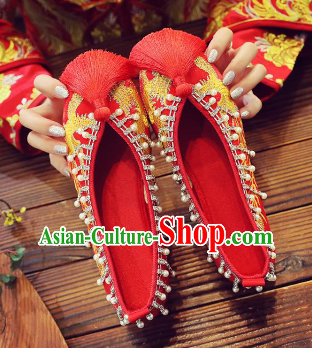 China Xiuhe Red Satin Shoes Classical Wedding Shoes Embroidered Pearls Shoes Handmade Bride Shoes