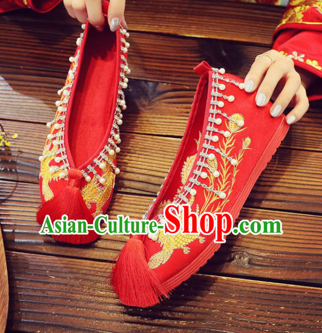 China Xiuhe Red Satin Shoes Classical Wedding Shoes Embroidered Pearls Shoes Handmade Bride Shoes