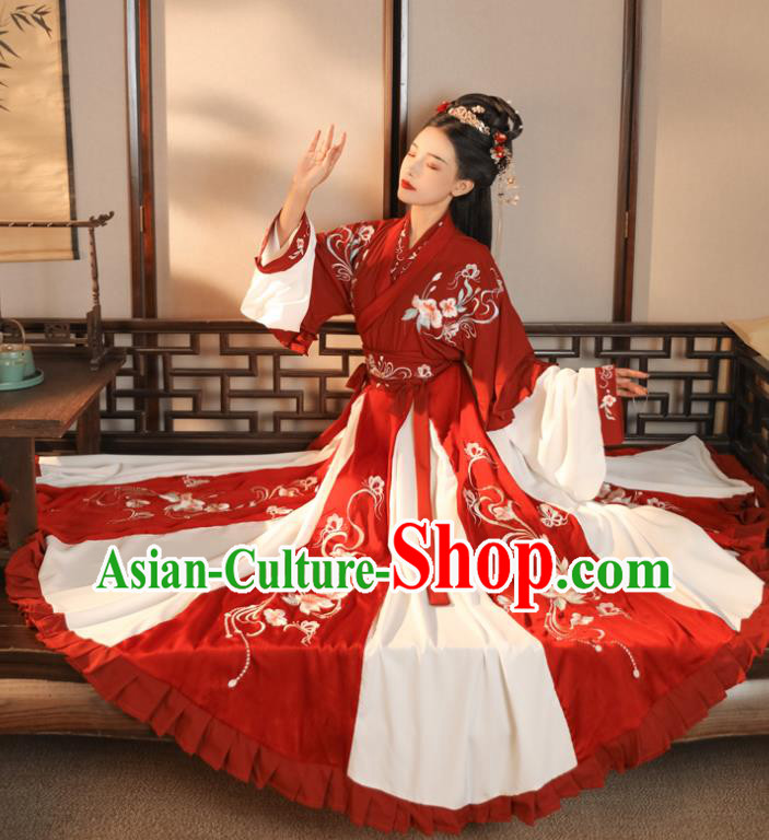 China Ancient Royal Princess Embroidered Red Hanfu Dress Jin Dynasty Palace Lady Clothing Traditional Historical Garment Costumes