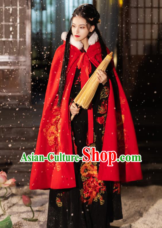 China Ancient Royal Infanta Hanfu Cloak Traditional Ming Dynasty Princess Embroidered Red Cape Historical Clothing