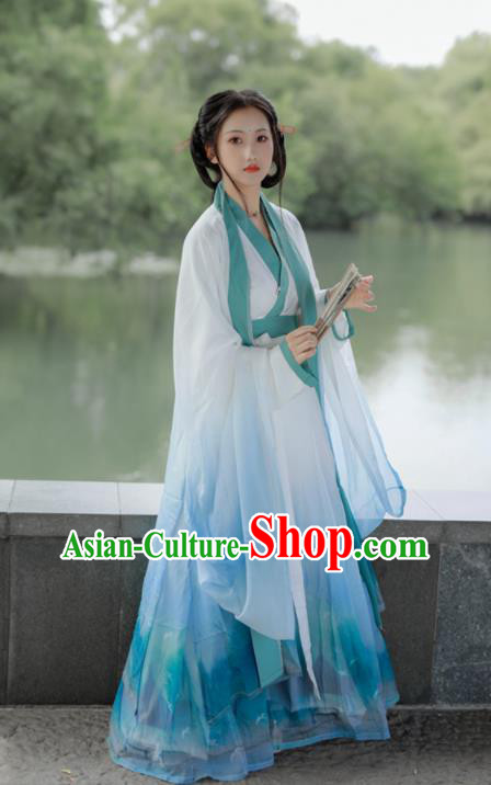 China Traditional Jin Dynasty Young Beauty Historical Clothing Ancient Noble Lady Blue Hanfu Dress Garments