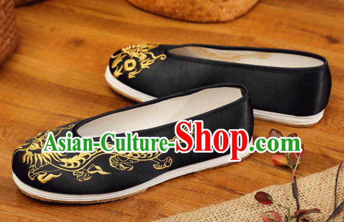 Chinese Handmade Black Satin Shoes Male Embroidered Dragon Shoes Traditional Wedding Shoes Bridegroom Shoes