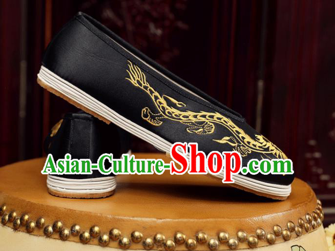 Chinese Handmade Black Satin Shoes Male Embroidered Dragon Shoes Traditional Wedding Shoes Bridegroom Shoes