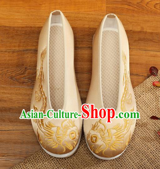 Chinese Bridegroom Shoes Handmade Light Golden Satin Shoes Male Embroidered Dragon Shoes Traditional Wedding Shoes