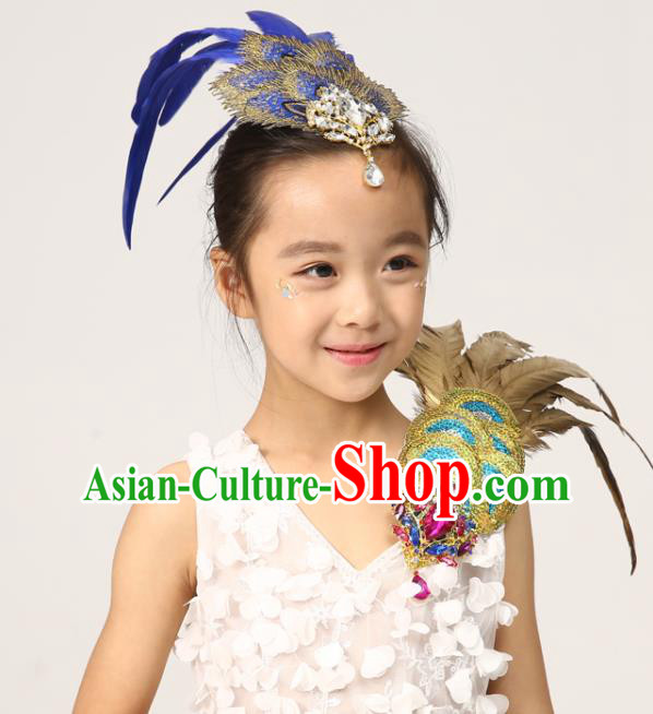 Professional Peacock Dance Royalblue Feather Hair Stick Girl Stage Performance Hair Crown Classical Dance Hair Accessories