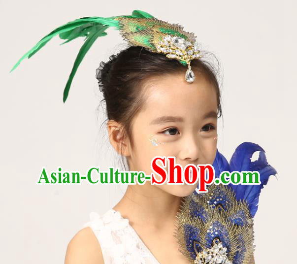 Professional Classical Dance Hair Accessories Peacock Dance Hair Stick Girl Stage Performance Green Feather Hair Crown