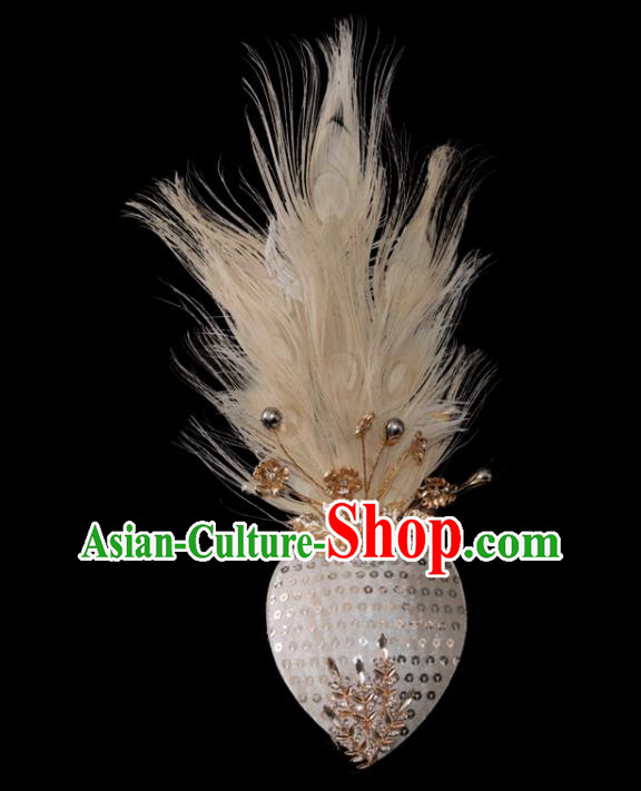 Professional China Dai Nationality Dance Hair Accessories Yunnan Ethnic Peacock Dance Beige Feather Headdress Children Dance Performance Hair Crown