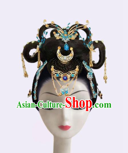 Handmade Chinese Woman Solo Dance Wigs Chignon Classical Dance Hair Accessories Flying Apsaras Dance Headpieces