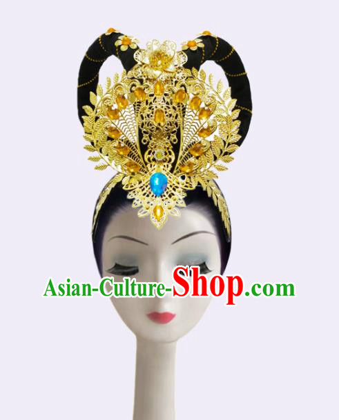 Handmade Chinese Woman Flying Apsaras Dance Wigs Chignon Classical Dance Hair Accessories Stage Performance Fairy Hairpieces