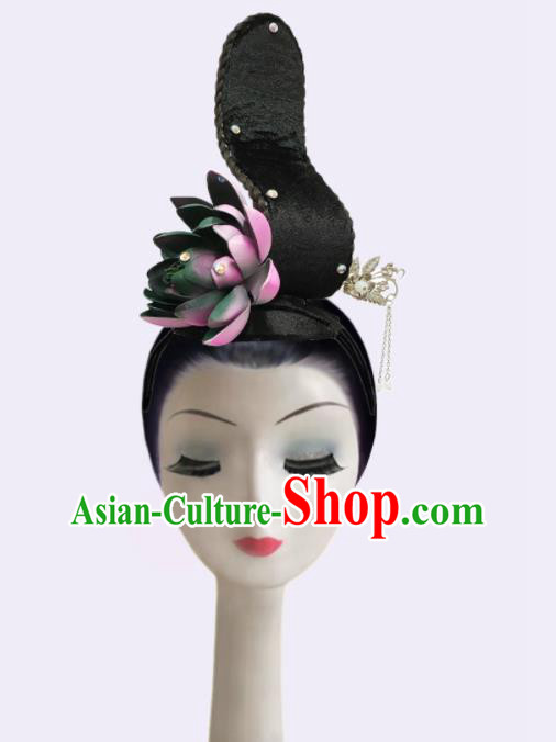 Handmade Chinese Lotus Dance Hairpieces Woman Classical Dance Wigs Chignon Flying Apsaras Dance Hair Accessories