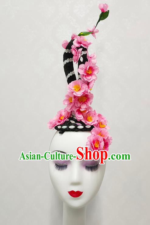Handmade Chinese Peach Blossom Dance Hair Accessories Stage Performance Hairpieces Woman Classical Dance Wigs Chignon