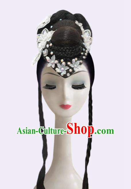 Handmade Chinese Classical Dance Hair Accessories Fan Dance Headpieces Stage Performance Wigs Chignon