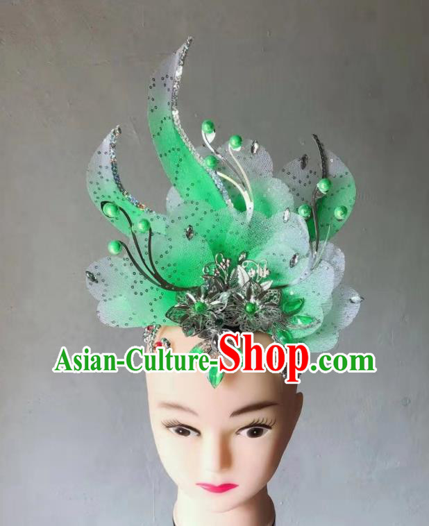 China Spring Festival Gala Opening Dance Hair Accessories Modern Dance Headdress Stage Performance Green Flower Hair Crown
