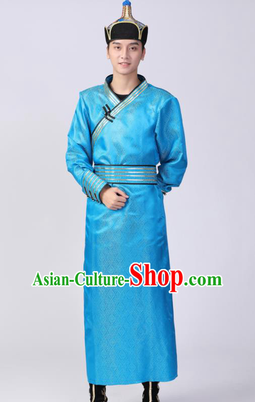 Chinese Mongol Nationality Blue Robe Mongolian Performance Garment Costume Minority Ethnic Folk Dance Clothing
