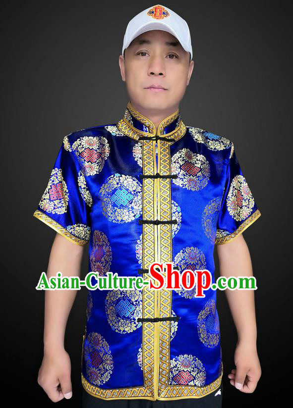 Chinese Mongolian Male Upper Outer Garment Ethnic Costume Minority Performance Clothing Mongol Nationality Folk Dance Blue Brocade Shirt