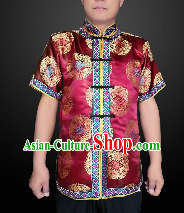 Chinese Minority Performance Clothing Mongol Nationality Folk Dance Wine Red Brocade Shirt Mongolian Male Upper Outer Garment Ethnic Costume