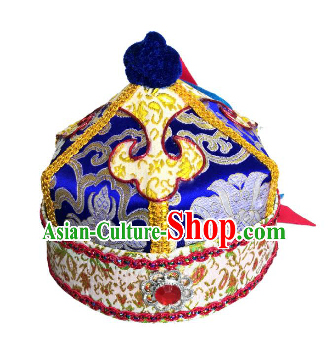 Chinese Mongol Nationality Prince Royalblue Hat Ethnic Boys Performance Headdress Mongolian Ethnic Dance Headpiece