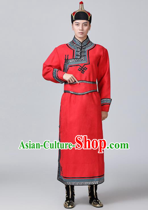 Chinese Mongol Nationality Red Suede Fabric Robe Mongolian Male Garment Costume Ethnic Minority Folk Dance Clothing