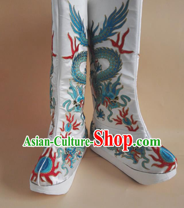 Chinese Ancient King Shoes Beijing Opera Emperor Shoes Handmade Embroidered Dragon White Satin Boots Sichuan Opera Shoes