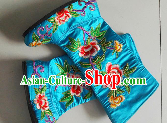 Chinese Beijing Opera Female General Shoes Embroidered Peony Blue Satin Boots Peking Opera Shoes Ancient Swordswoman Shoes