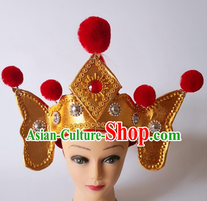 Chinese Peking Opera Wusheng Golden Hat Ancient Warrior Headpieces Beijing Opera Young Male Helmet Headdress