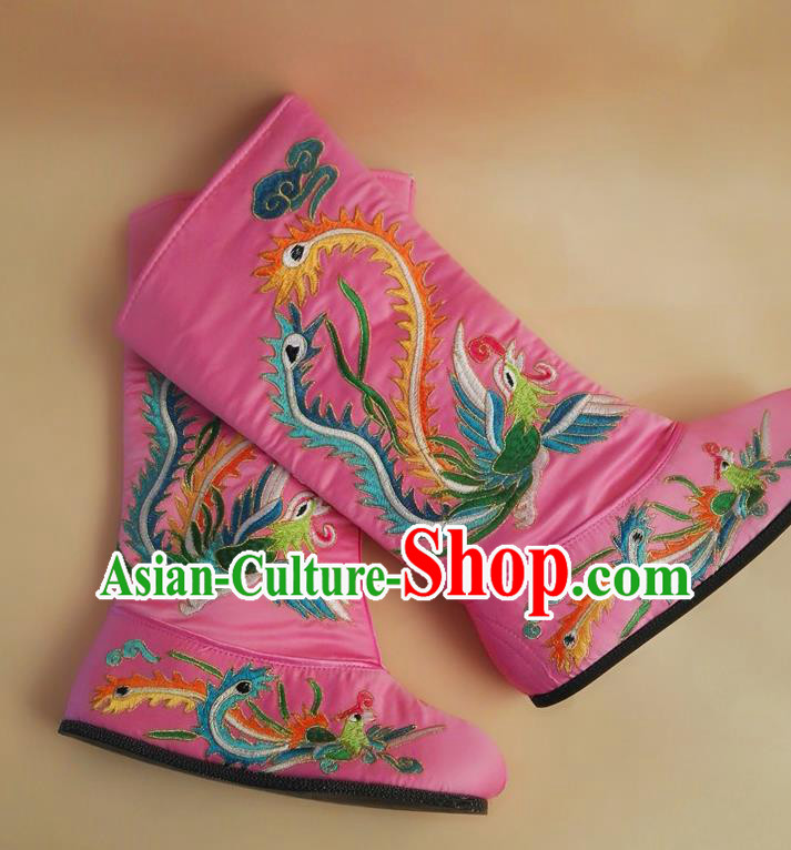 Chinese Peking Opera Shoes Ancient Swordswoman Shoes Beijing Opera Female General Shoes Embroidered Phoenix Pink Satin Boots