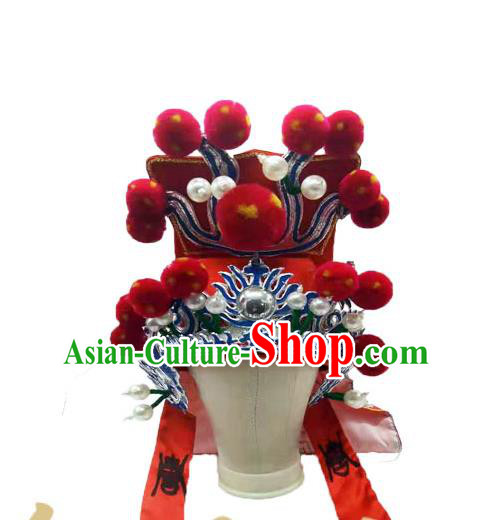Chinese Peking Opera General Helmet Ancient Warrior Headdress Beijing Opera Wusheng Red Hat Headwear