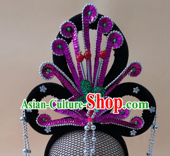 Chinese Ancient Fairy Headpieces Beijing Opera Hua Tan Wigs Chignon Headdress Peking Opera Diva Purple Phoenix Hair Accessories