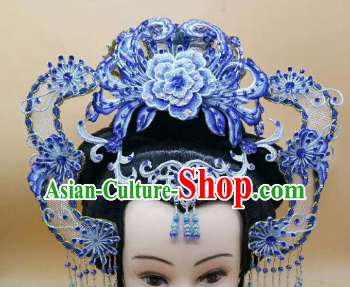 Chinese Peking Opera Empress Blue Hair Crown Beijing Opera Hua Tan Headdress Ancient Queen Phoenix Coronet
