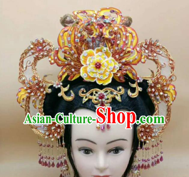 Chinese Ancient Queen Phoenix Coronet Peking Opera Empress Yellow Hair Crown Beijing Opera Hua Tan Headdress