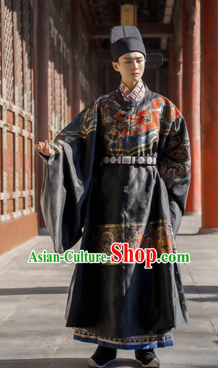 China Ancient Official Garment Costume Traditional Ming Dynasty Male Wedding Clothing Black Long Robe