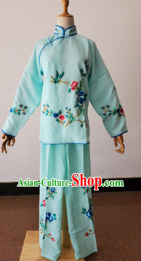 China Huangmei Opera Maid Lady Light Green Uniforms Ancient Village Girl Clothing Peking Opera Country Woman Dress Beijing Opera Xiaodan Costumes