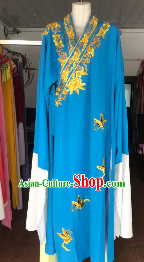 Chinese Beijing Opera Niche Butterfly Love Clothing Ancient Scholar Garment Costume Peking Opera Xiaosheng Embroidered Blue Robe