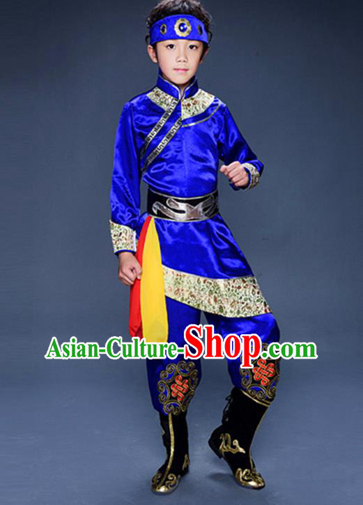 Chinese Mongol Nationality Boys Clothing Ethnic Children Folk Dance Garments Mongolian Minority Performance Blue Uniforms