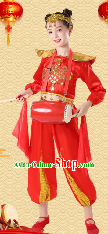 Chinese Drum Dance Dress New Year Yangge Dance Clothing Children Yangko Dance Red Uniforms Folk Dance Costumes