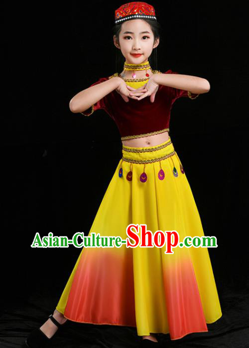 Chinese Uighur Nationality Folk Dance Clothing Xinjiang Ethnic Children Stage Performance Garments Uyghur Minority Girl Red Outfits