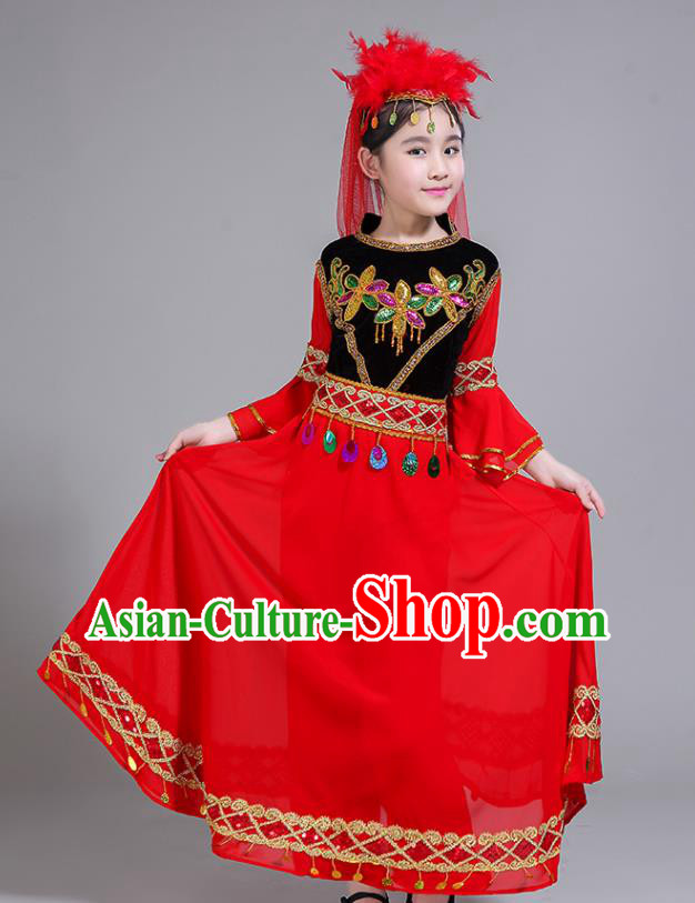 Chinese Xinjiang Ethnic Children Performance Garments Uighur Minority Girl Red Dress Outfits Uyghur Nationality Folk Dance Clothing