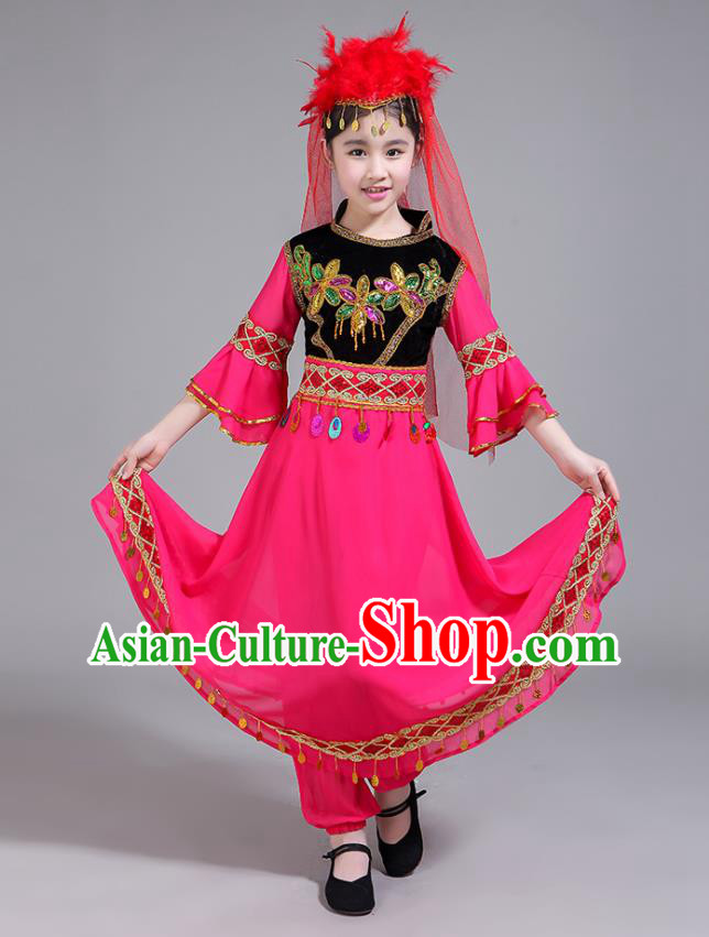 Chinese Uyghur Nationality Folk Dance Clothing Xinjiang Ethnic Children Performance Garments Uighur Minority Girl Rosy Dress Outfits
